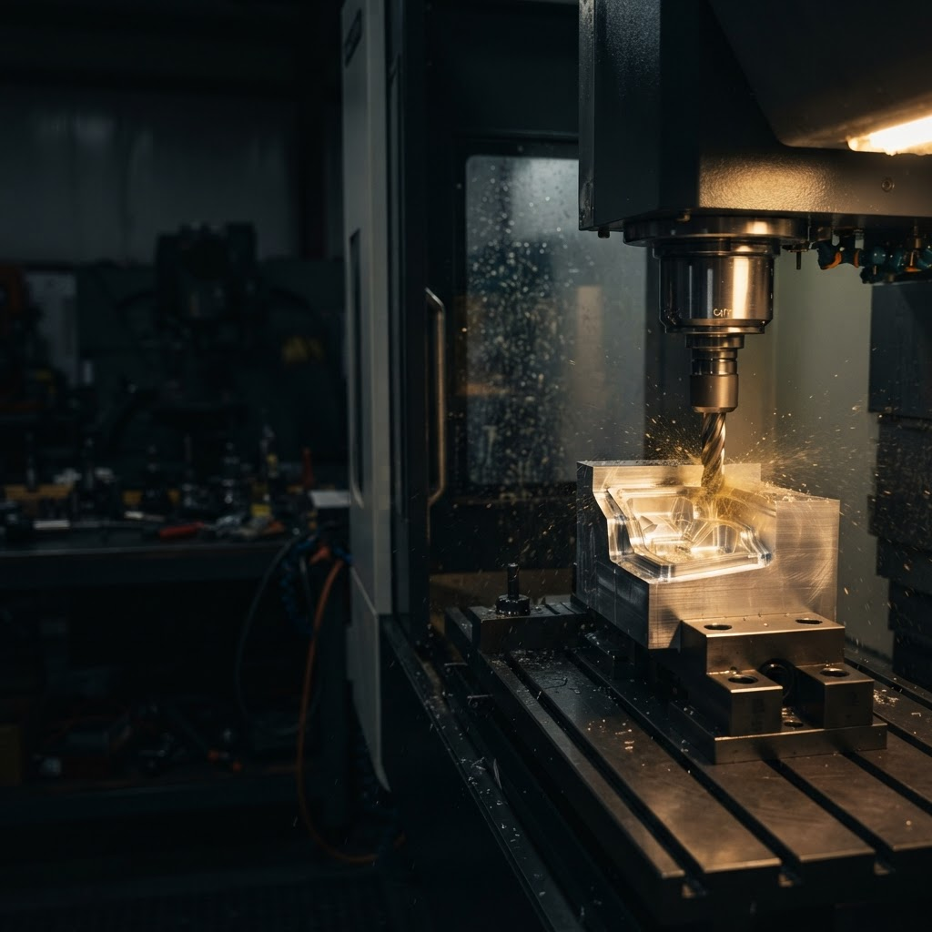 Precision CNC milling machine shaping a brushed aluminum component